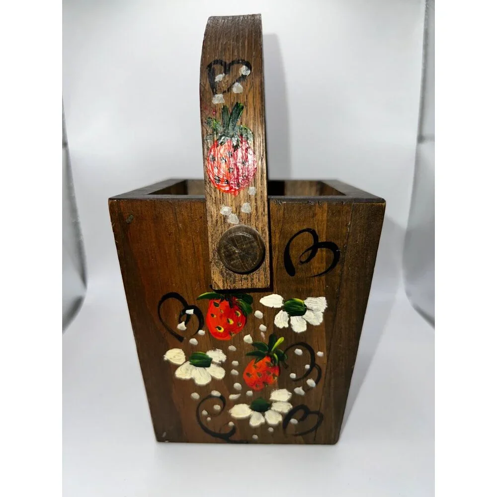 VTG Hand Painted‎ Mini Wooden Basket Painted Flowers & Strawberries Cottagecore